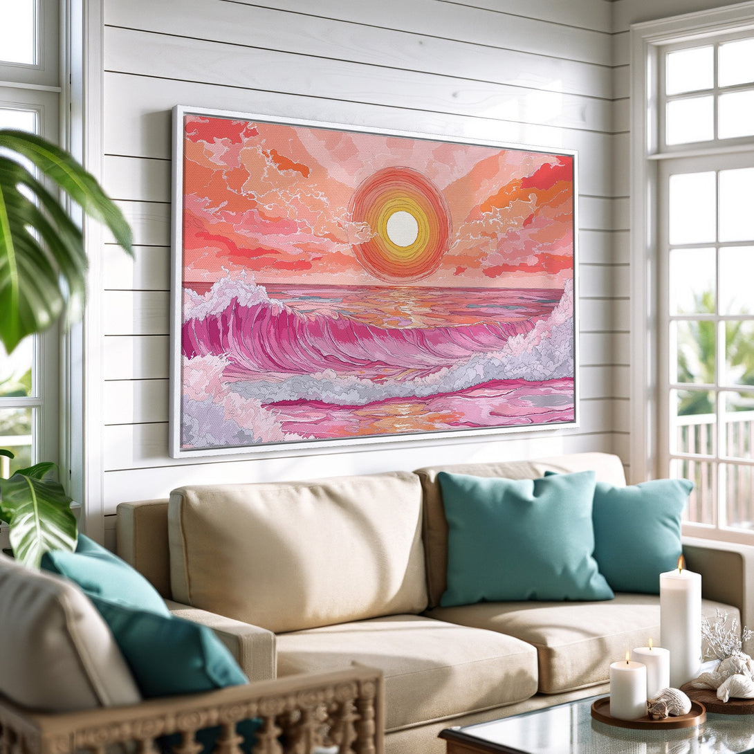 Framed Wall Art: Ocean wave art in pink and orange hues. Coastal style canvas adds warmth and color to any living room. Shop now!