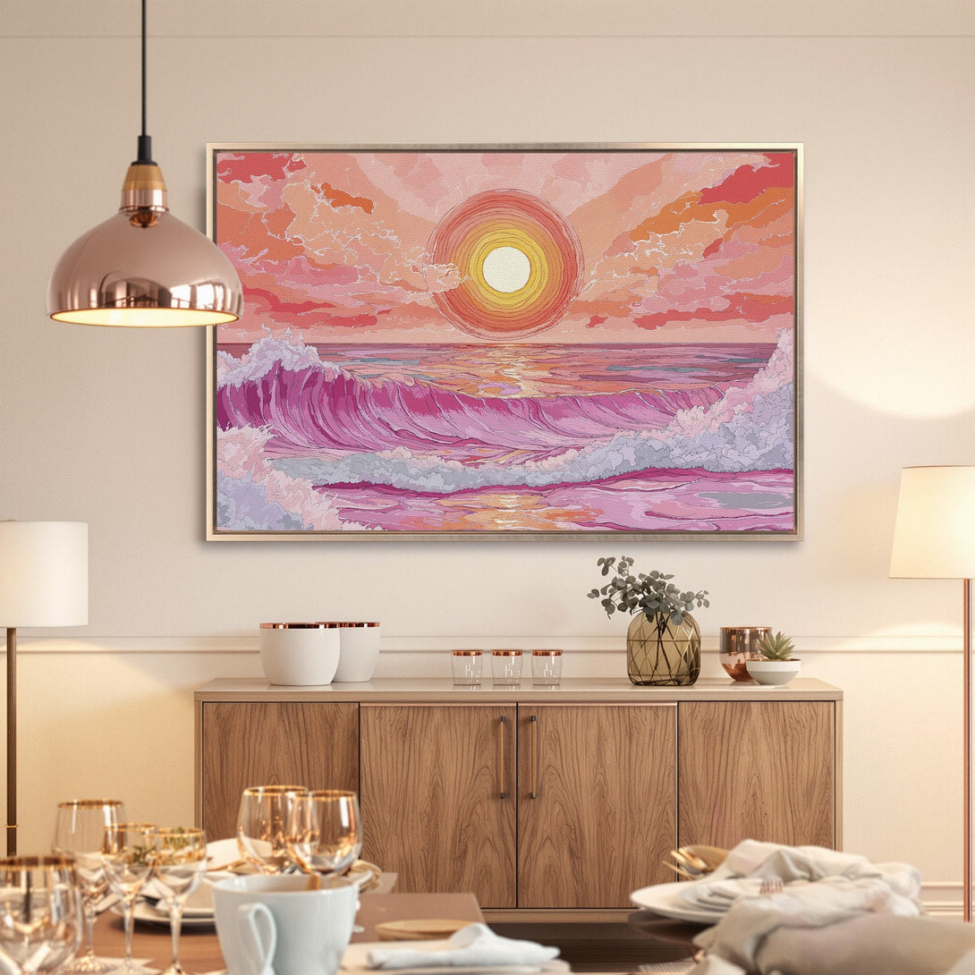 Framed Wall Art: Sunset over ocean waves in pink and orange hues. Coastal art print perfect for adding warmth and style to your home decor.