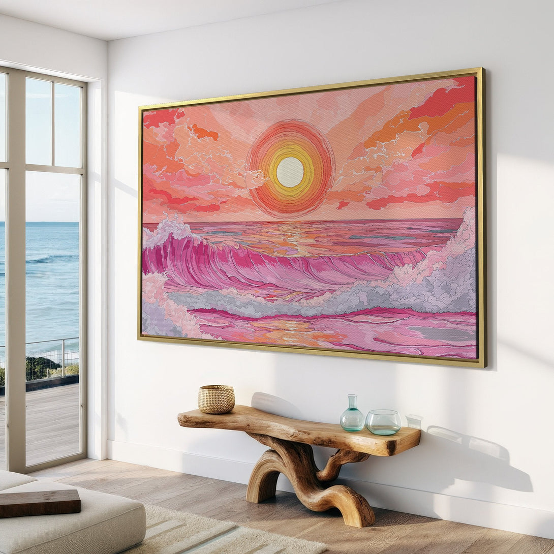 Canvas Print of a vibrant sunset over ocean waves in pink and orange hues. Coastal wall art for a serene home.