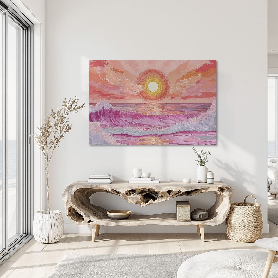 Framed Wall Art: Vibrant ocean sunset canvas print in pink and orange hues. Coastal art to elevate your space. Shop now for stunning wall decor!