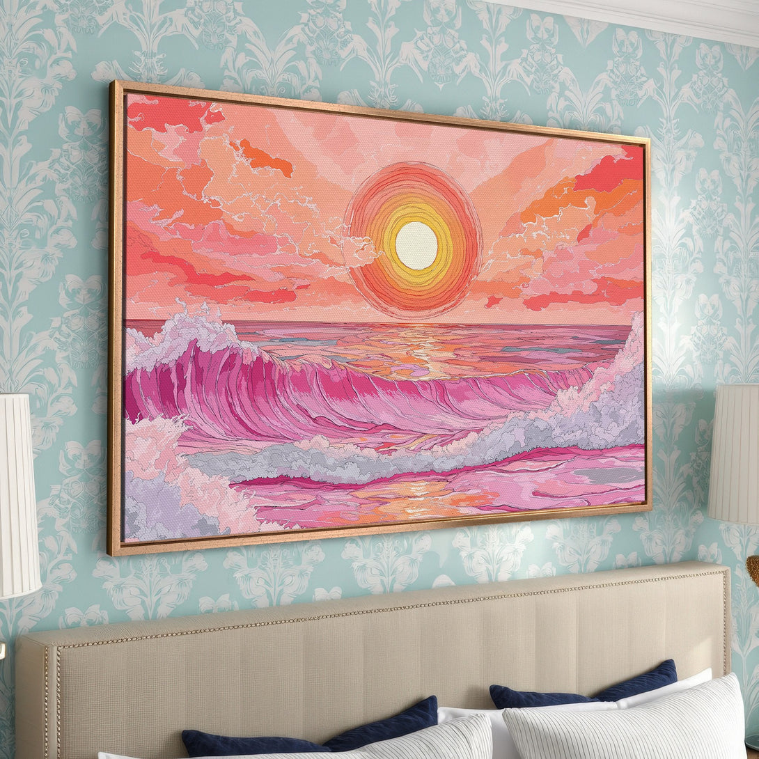 Framed Wall Art: Stunning ocean sunset canvas print in vibrant pinks and oranges. Perfect coastal decor for a bedroom or living room.