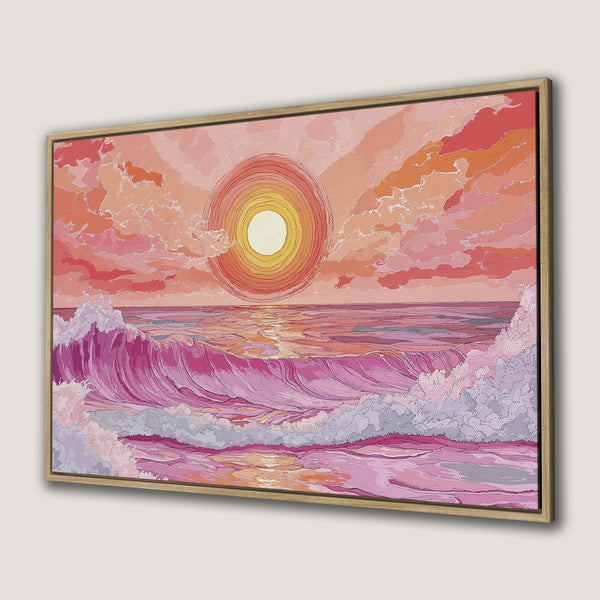 Framed Wall Art: Vibrant sunset ocean scene in pink, orange, and yellow hues. Modern art Canvas Print perfect for coastal decor.