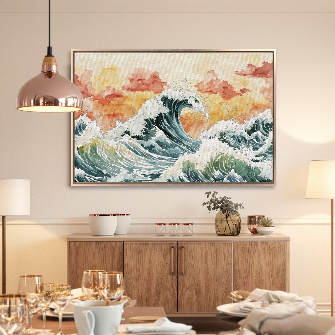Framed Wall Art: Watercolor ocean waves in teal, green, and orange. Coastal style Canvas Print adds a serene touch to any space.