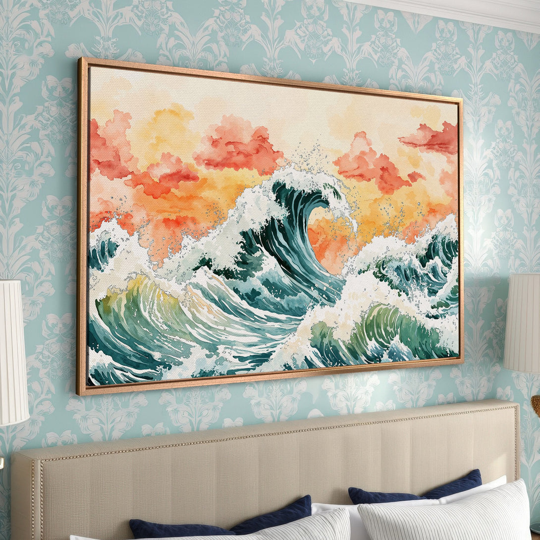 Framed Wall Art: Watercolor wave art with teal, orange, and green hues. Coastal decor perfect for any room. Shop canvas prints today!