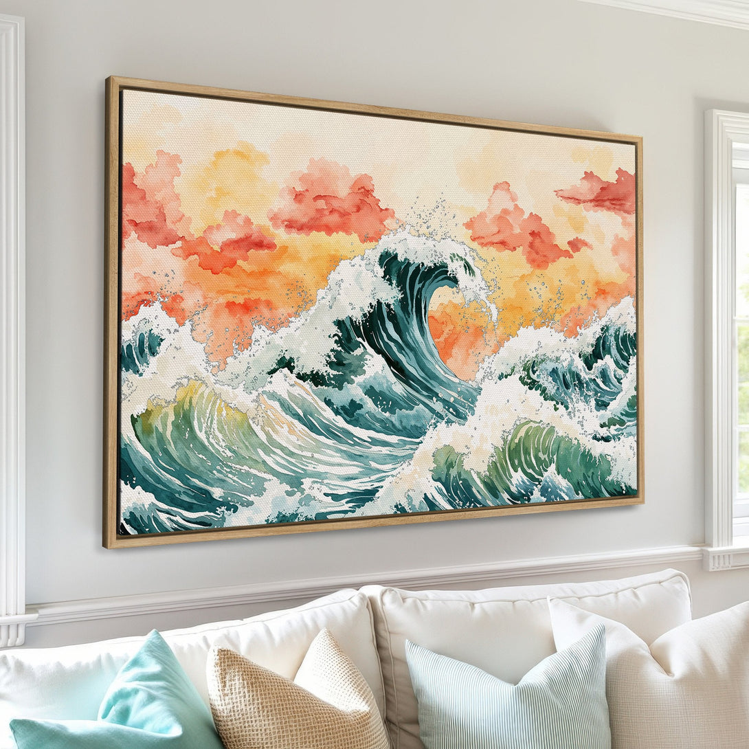 Framed Wall Art: Watercolor ocean waves in teal, green, and orange. Coastal art print for a serene home decor style.