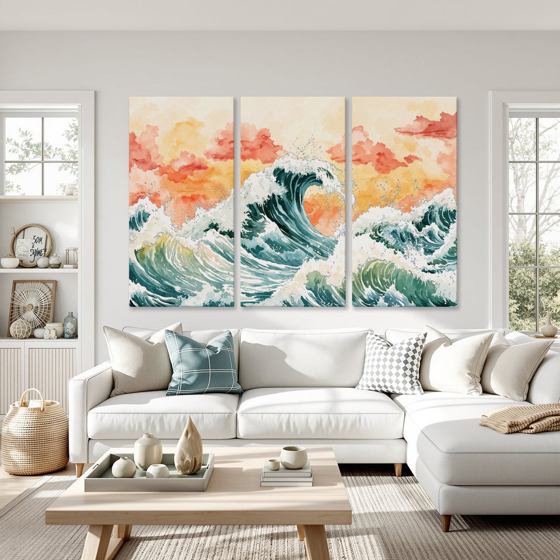Canvas Print of watercolor ocean waves in teal, turquoise, and orange, perfect for coastal decor. Adds a serene touch to any living room.