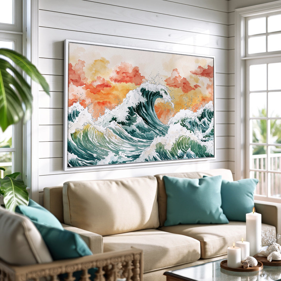 Framed Wall Art: Watercolor ocean waves in teal, green, and orange. Coastal decor canvas print for a serene living room.