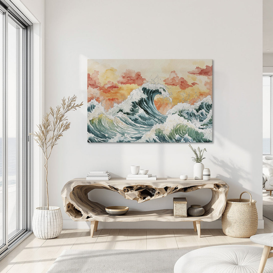 Framed Wall Art: Watercolor wave canvas print in a coastal interior. Features teal, orange, and gold hues, perfect for adding a serene touch to your home.