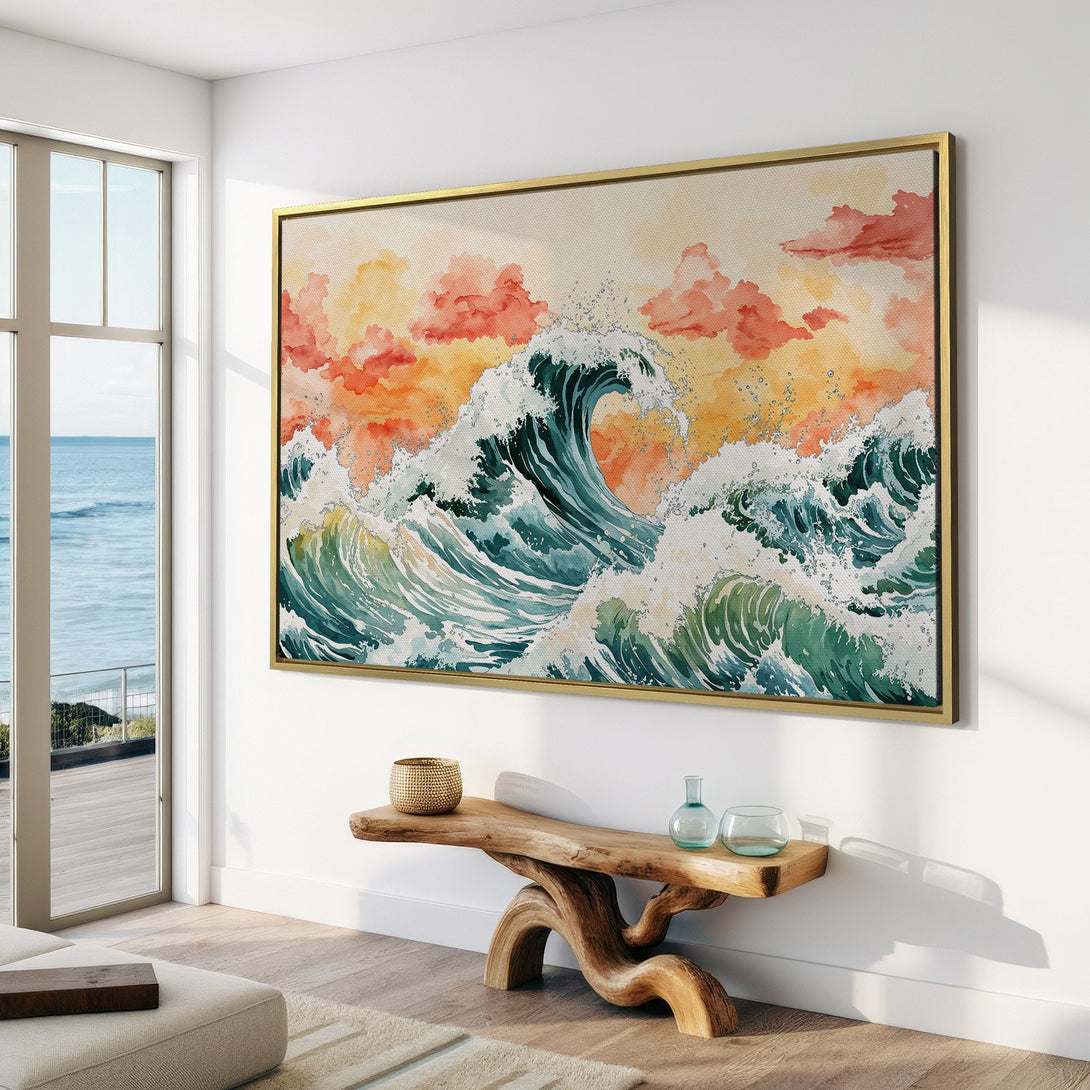Ocean wave Canvas Print in watercolor style, featuring teal and orange hues. Coastal wall art perfect for adding a serene touch to any space.