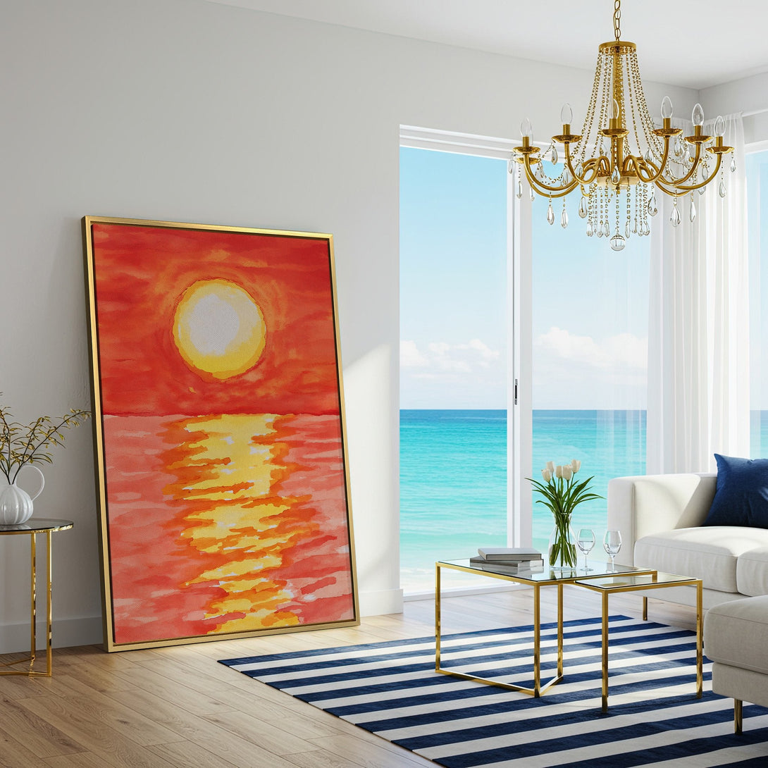 Canvas Print of a vibrant sunset watercolor painting in a modern living room. Features warm red, orange, and yellow hues.
