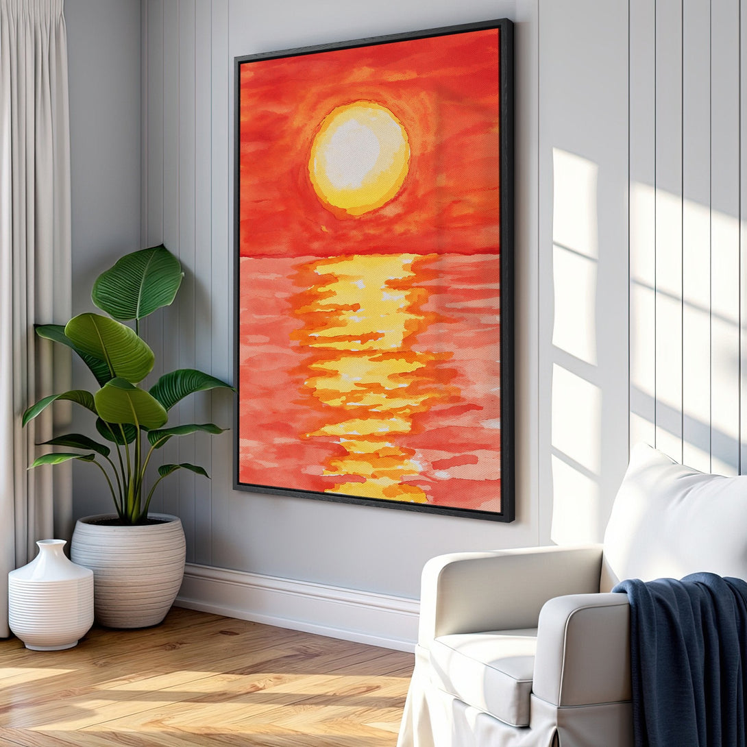 Framed Wall Art: Watercolor sunset canvas print in a modern interior. Warm orange and yellow tones create a vibrant and inviting atmosphere.