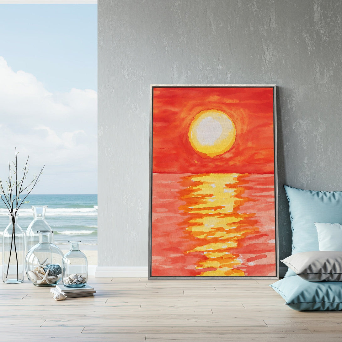 Framed Wall Art featuring a vibrant sunset over water. Warm orange and yellow color palette. Perfect for adding a pop of color to any space.