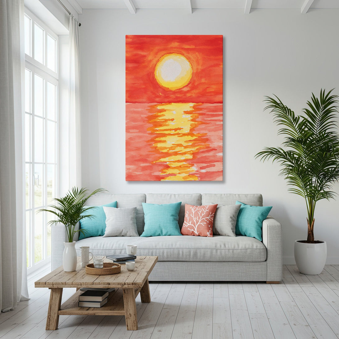 Framed Wall Art featuring a sunset over water in watercolor style. Warm orange and yellow hues create a calming coastal vibe in this living room.