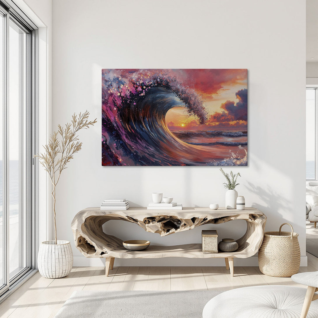 Framed Wall Art: Dramatic ocean wave canvas print in vibrant sunset colors. Coastal wall decor for a stunning living room aesthetic.