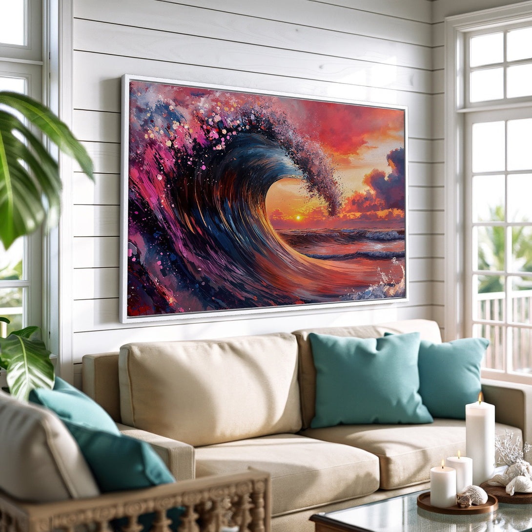 Framed Wall Art: Dramatic wave art canvas print in vibrant pink, orange, and blue hues. Coastal-inspired abstract painting adds a splash of color to any room.