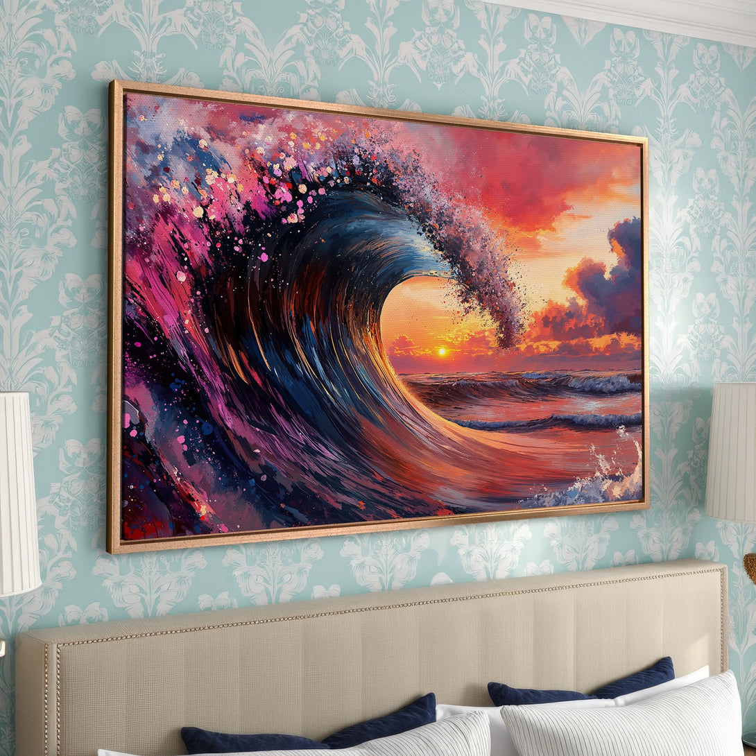 Framed Wall Art of a vibrant ocean wave at sunset. Bold, colorful painting with a warm red, orange, and pink palette, perfect for coastal decor.