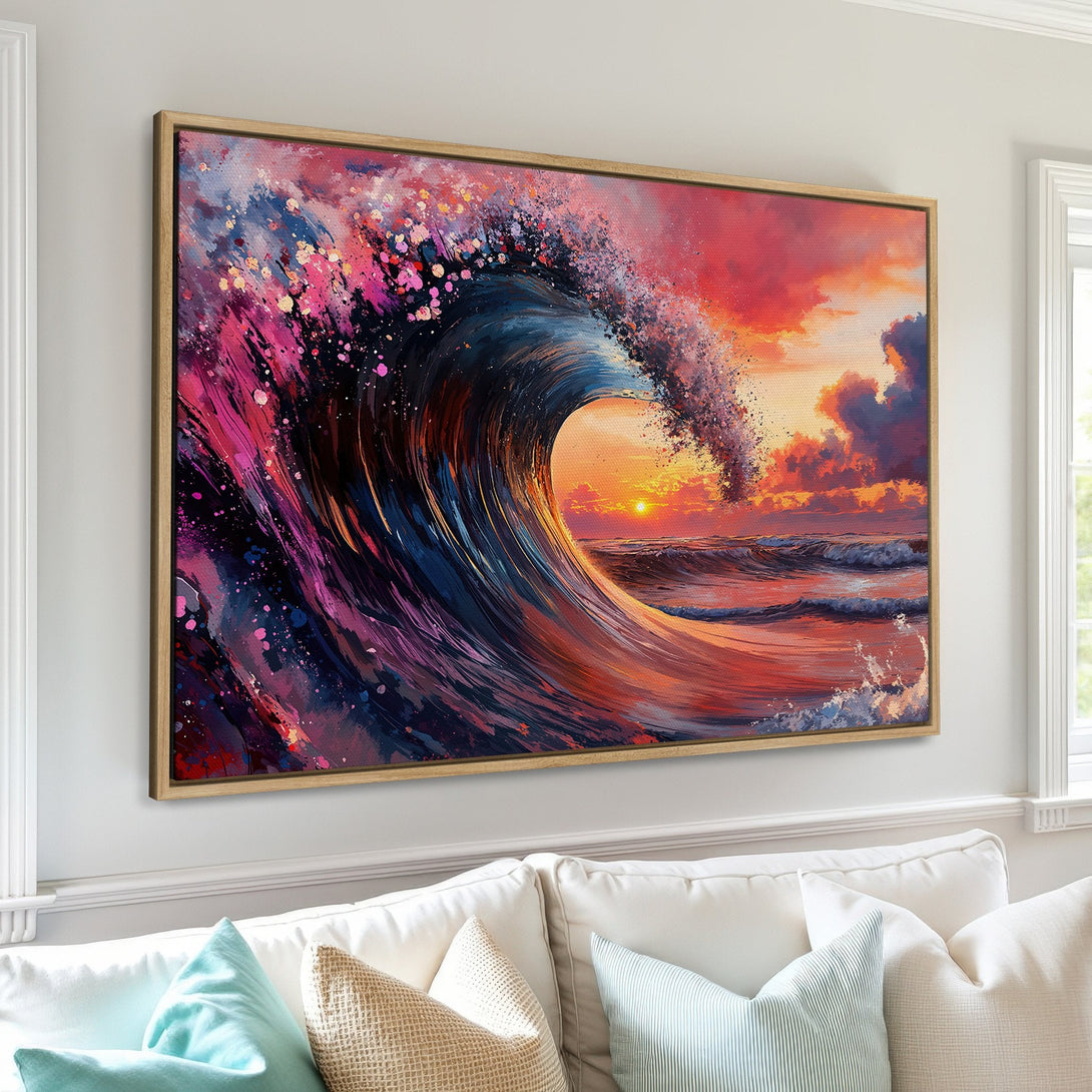 Framed Wall Art of a vibrant wave painting in a modern style. Features a sunset color palette of pinks, oranges, and blues. Perfect for coastal decor.