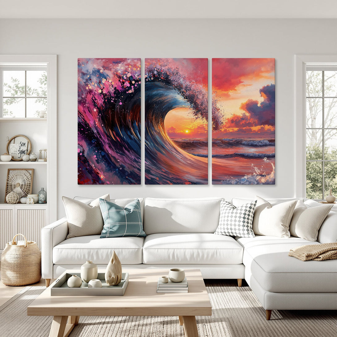 Canvas Print of a vibrant ocean wave at sunset. Abstract art with a pink, blue, and orange color palette. Perfect for modern home decor.