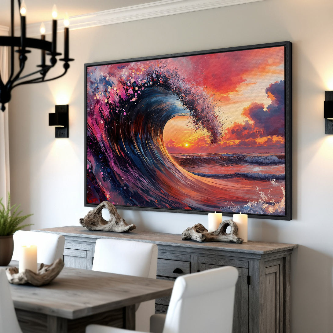 Framed Wall Art: Stunning wave art Canvas Print with vibrant sunset colors. Perfect coastal decor for any room!