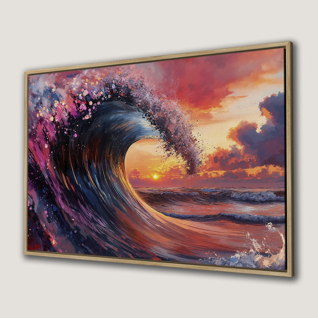 Framed Wall Art: Stunning wave art in vibrant sunset colors. Coastal canvas print adds a touch of ocean beauty to any space.