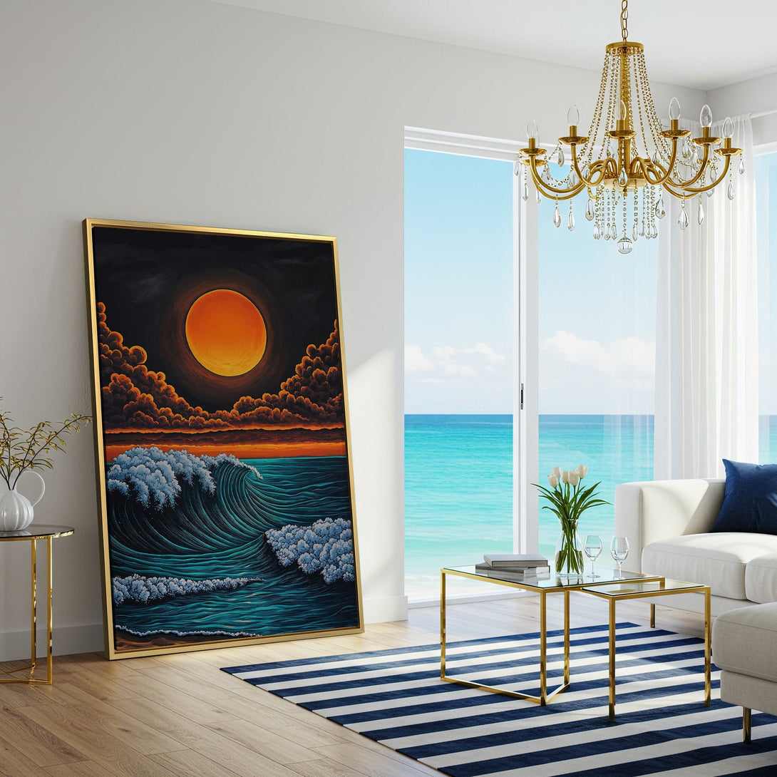 Canvas Print of a sunset over ocean waves, vibrant orange and teal color palette, displayed in modern living room.