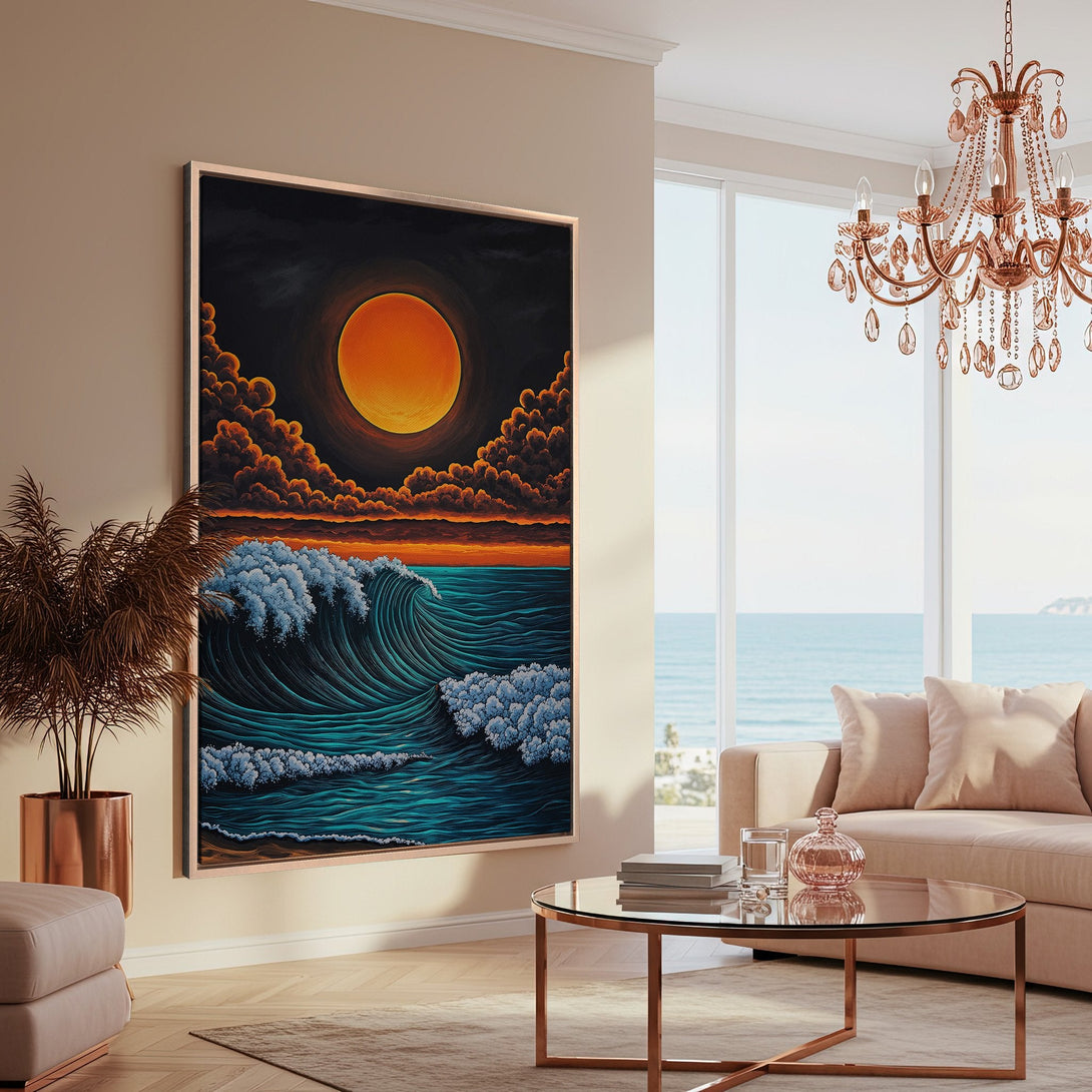Framed Wall Art: Dramatic ocean wave art print in teal, orange, and black. Perfect coastal decor for your living room.