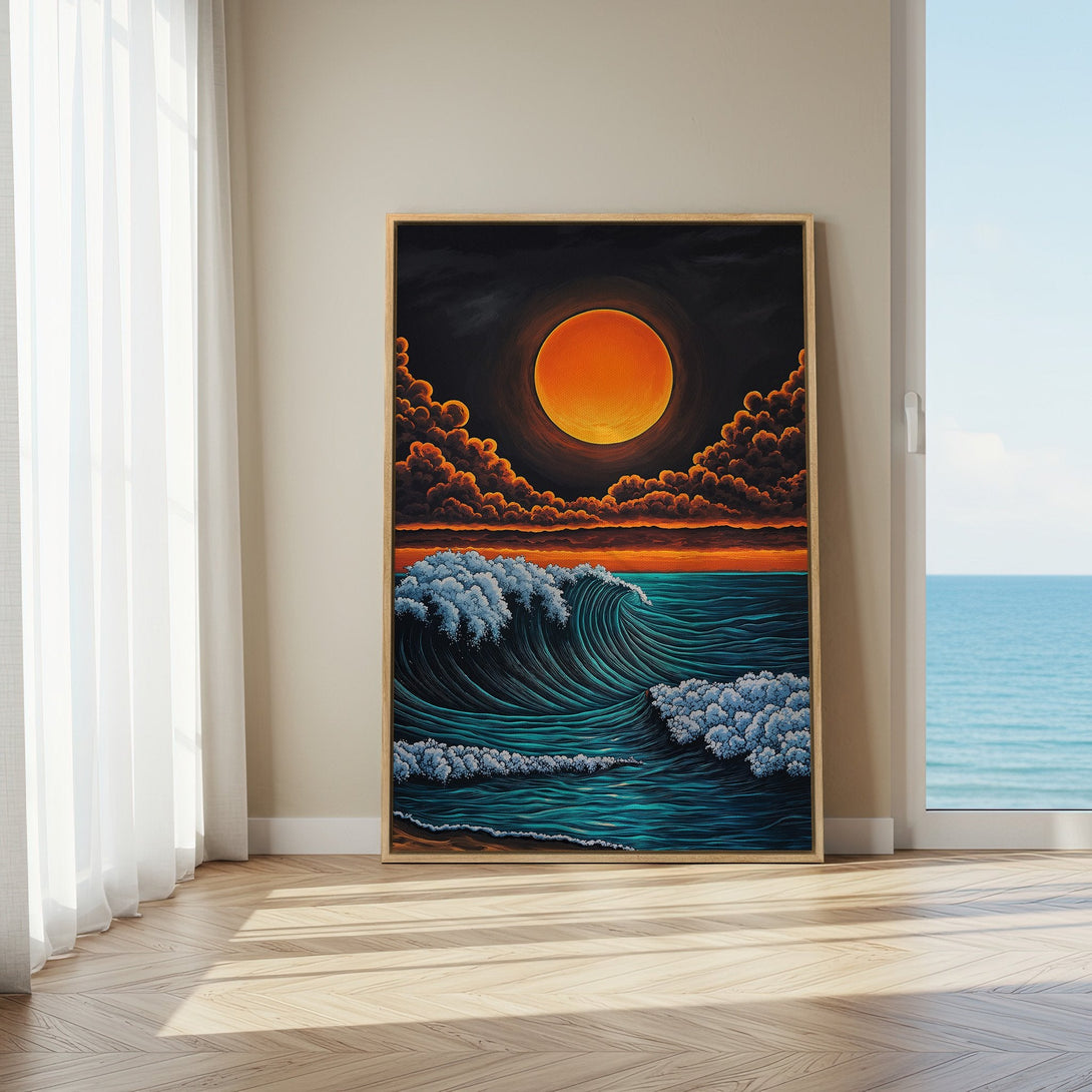 Framed Wall Art: Dramatic ocean wave art with sunset colors. Bold teal, orange, and black palette. Perfect for coastal decor and adding a pop of color.