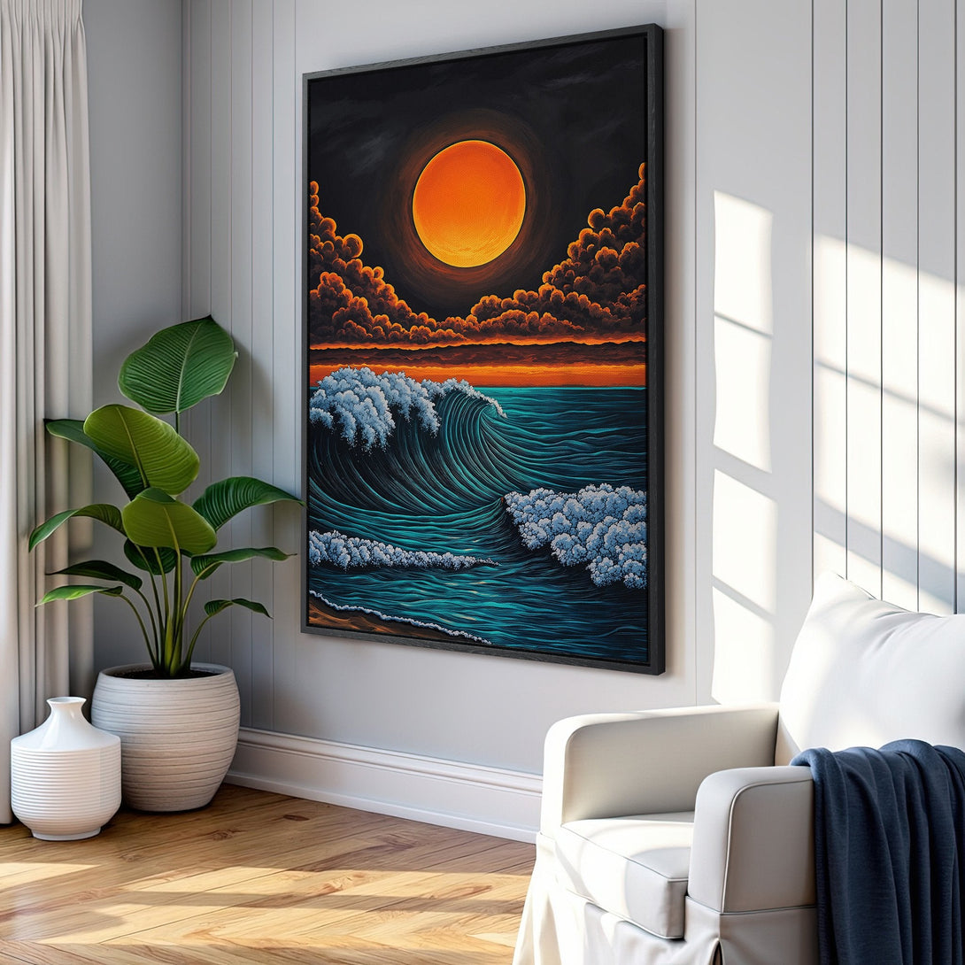 Framed Wall Art: Stunning ocean wave art in vibrant teal and orange hues. Perfect for coastal decor, this canvas print adds a touch of serenity to any space.