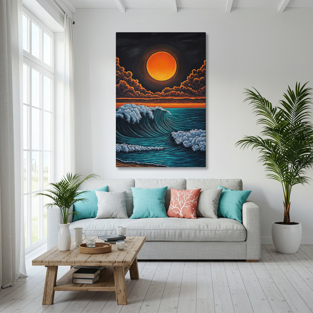 Framed Wall Art: Vibrant ocean wave art in a modern interior. Featuring a dramatic sunset color palette of orange, teal, and black. Perfect coastal decor.
