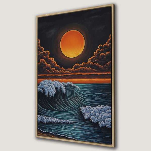 Framed Wall Art: Dramatic ocean wave art with sunset colors. Canvas Print features a stylized seascape in teal, orange, and black, perfect for coastal decor.