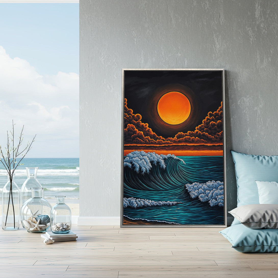 Framed Wall Art: Dramatic ocean wave art in vibrant teal, orange, and black. Coastal style Canvas Print adds a bold pop of color to any space.