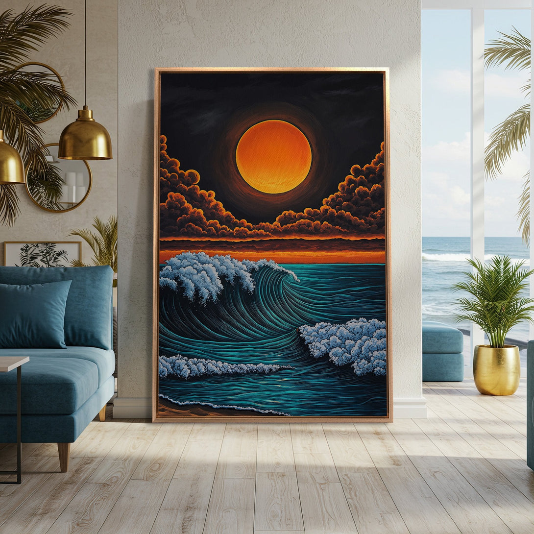 Framed Wall Art: Dramatic ocean wave art in teal, orange, and black. Coastal-inspired Canvas Print adds a bold statement to any space. Shop now!