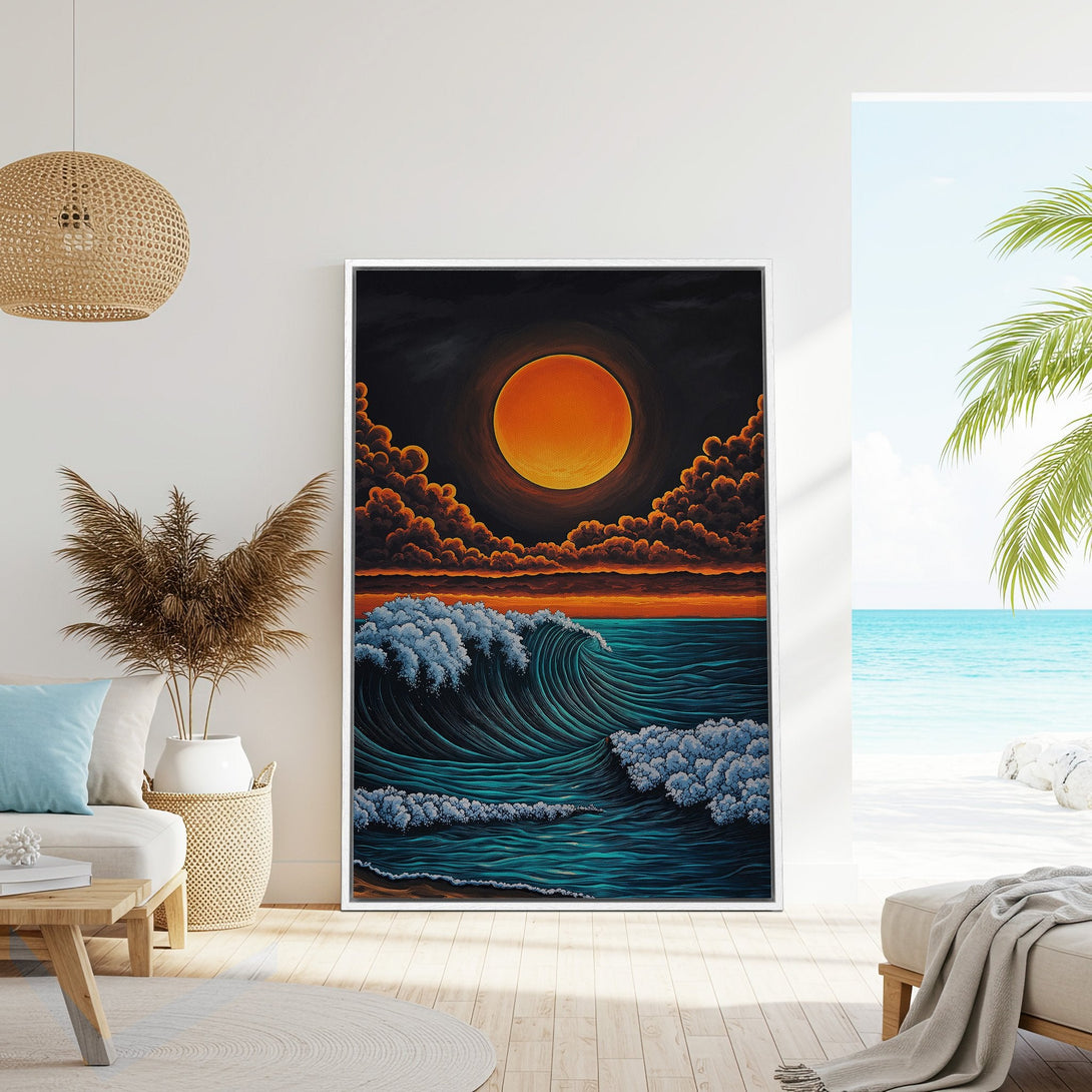 Framed Wall Art featuring a vibrant sunset over ocean waves. Coastal art in teal, orange, and black. Perfect for beach house decor.