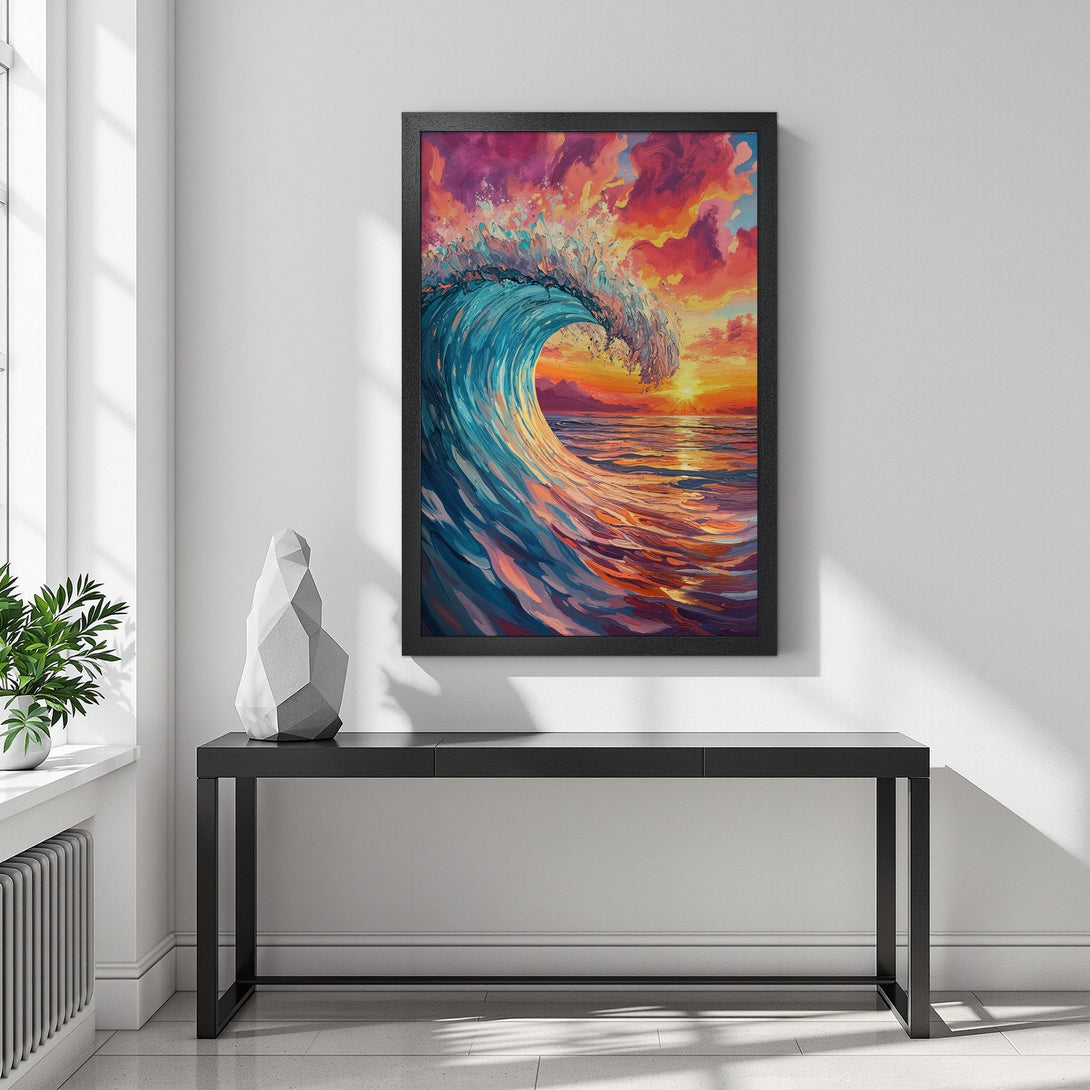Framed Poster of a vibrant ocean wave painting. Artistic style with a warm sunset color palette, perfect for coastal decor.