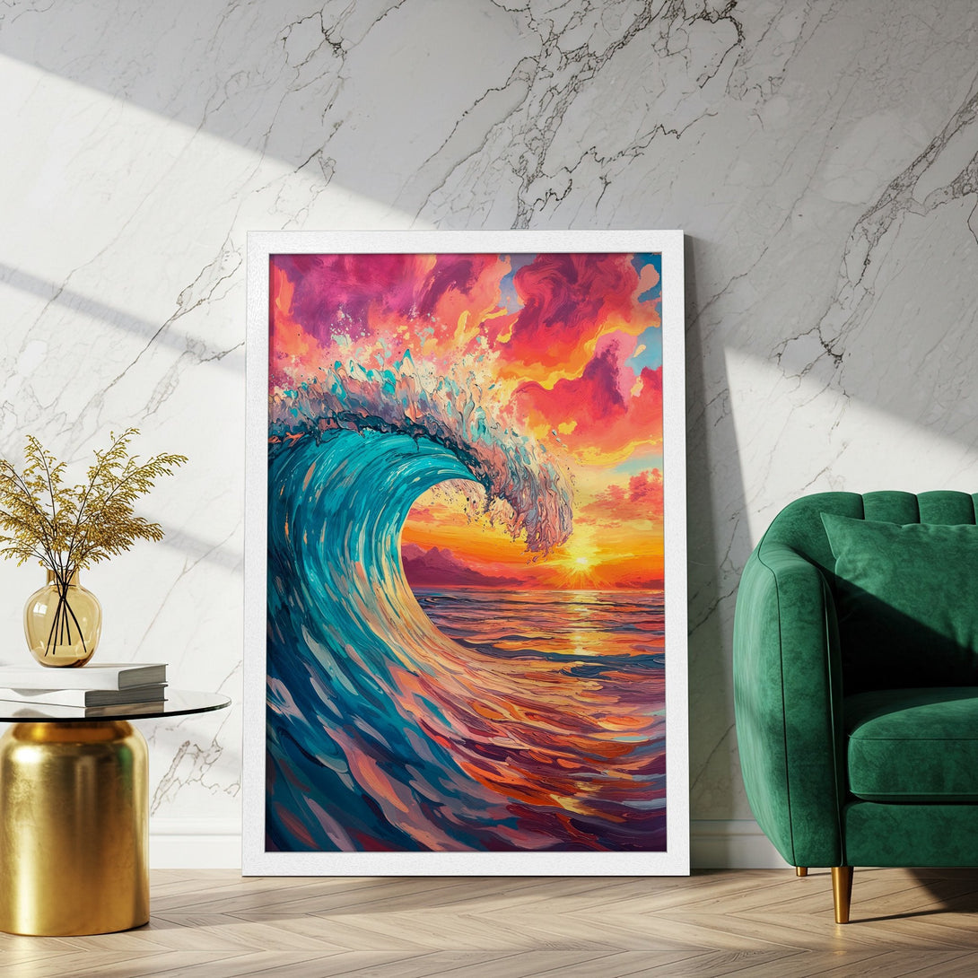 Framed Poster of a vibrant wave painting in a colorful sunset palette. Add coastal vibes to your space!