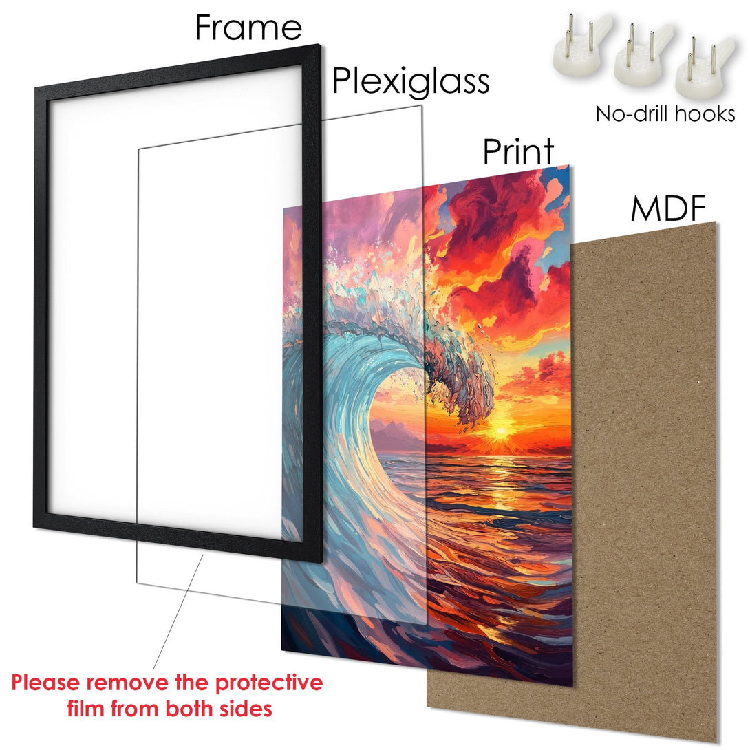 Framed Poster: Stunning ocean wave art print in vibrant sunset colors. Perfect wall decor to brighten any space. Shop now!