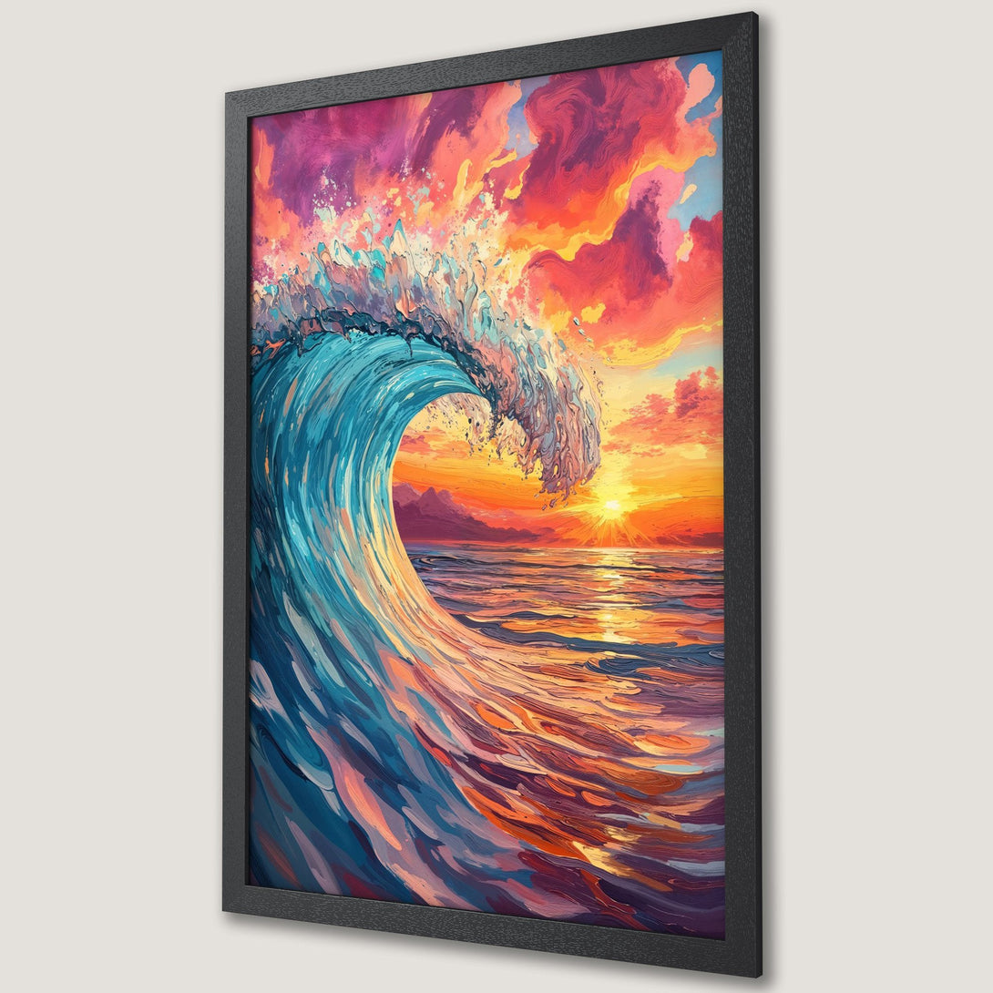 Framed Poster of a vibrant ocean wave at sunset. Artistic style with a warm, colorful palette of blues, oranges, and purples.
