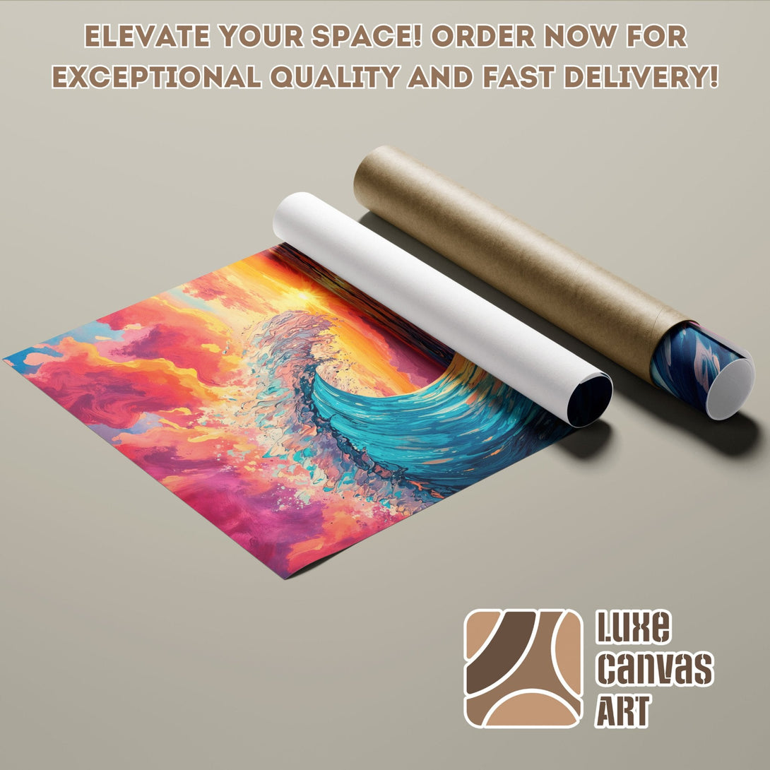 Abstract wave art Poster Roll in vibrant pinks, oranges, and blues. Elevate your space!
