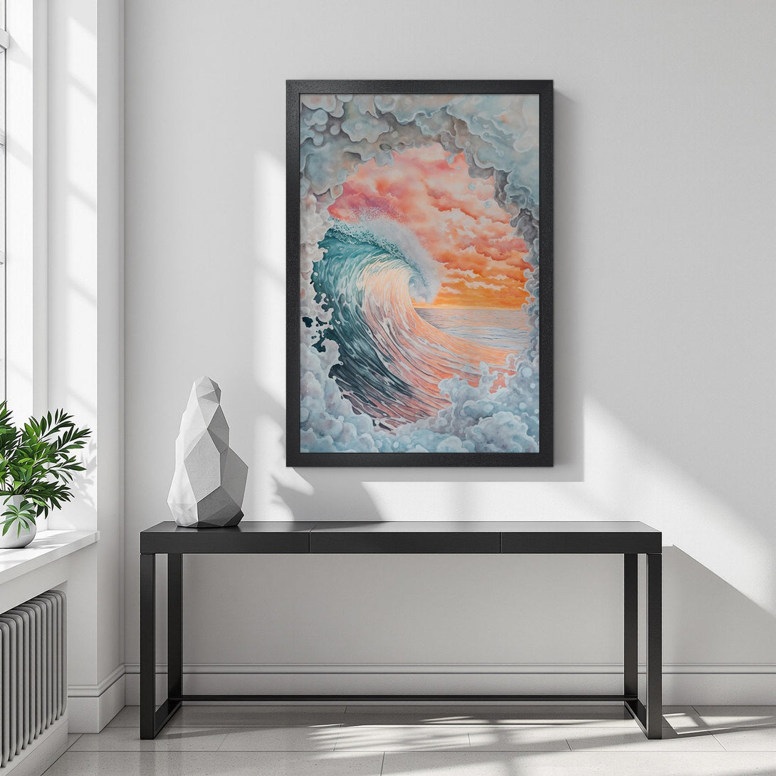 Framed Poster featuring a watercolor wave art print. Coastal style with blue, orange, and gray color palette. Perfect wall decor!