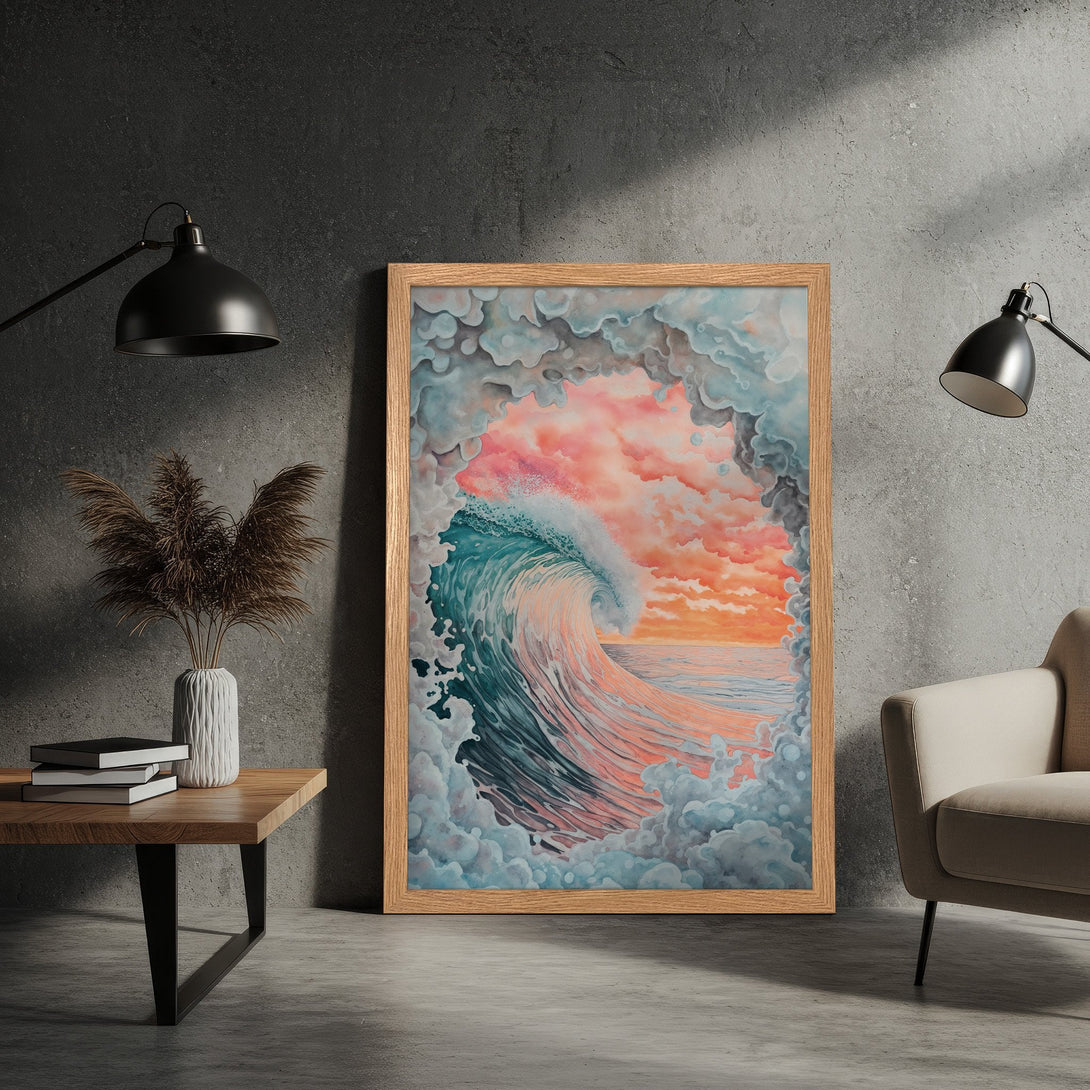 Framed Poster of a wave in watercolor style. Featuring a calming teal, pink, and orange color palette, perfect for coastal decor.