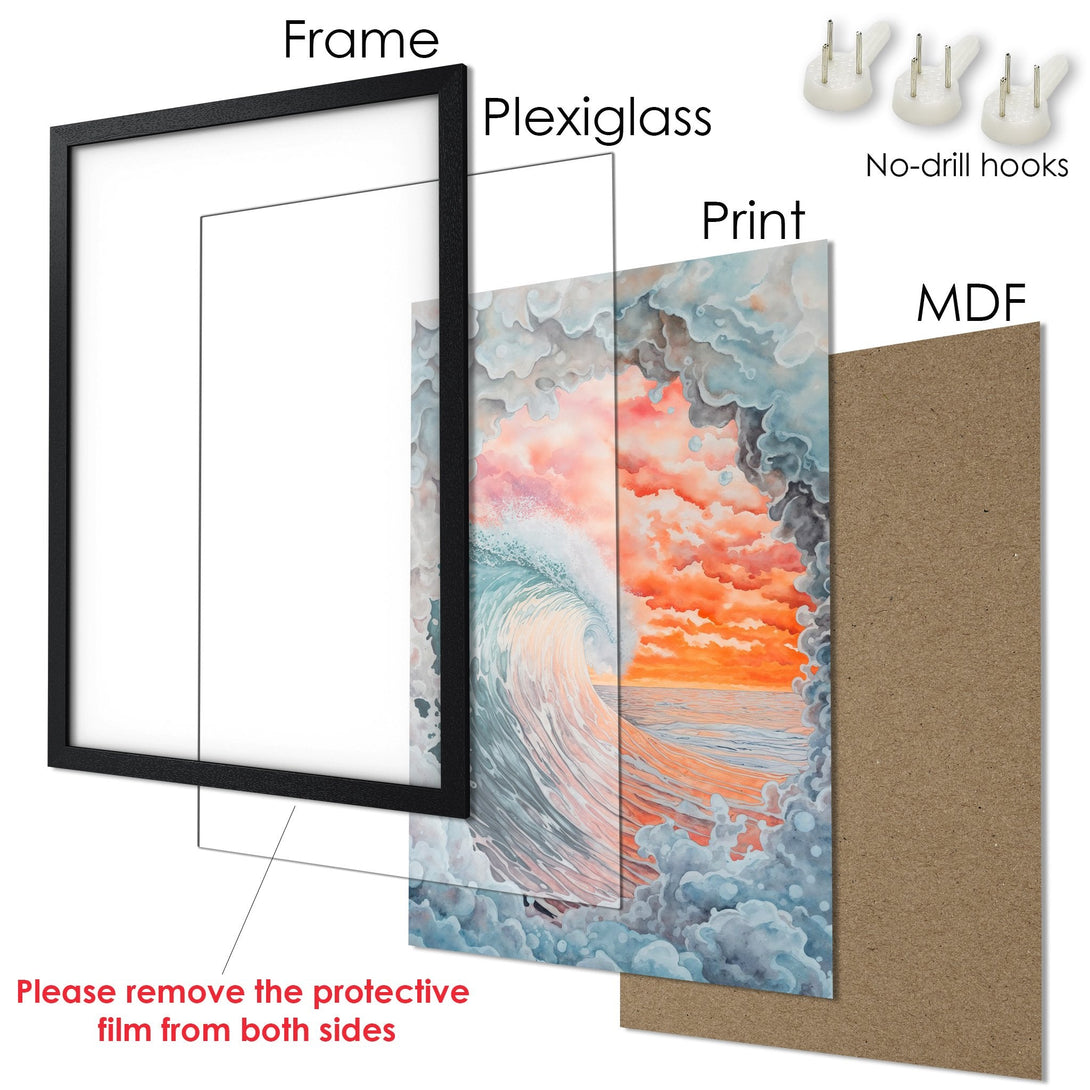 Framed Poster featuring a watercolor wave art print in a black frame. Coastal style with a warm sunset color palette. Ready to hang!