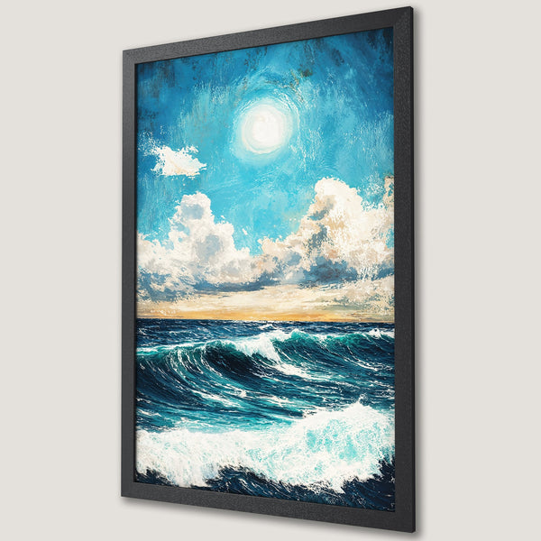 Framed Poster of ocean waves under a bright sun, painted in a textured style with blue, white, and yellow hues. Perfect for coastal decor!