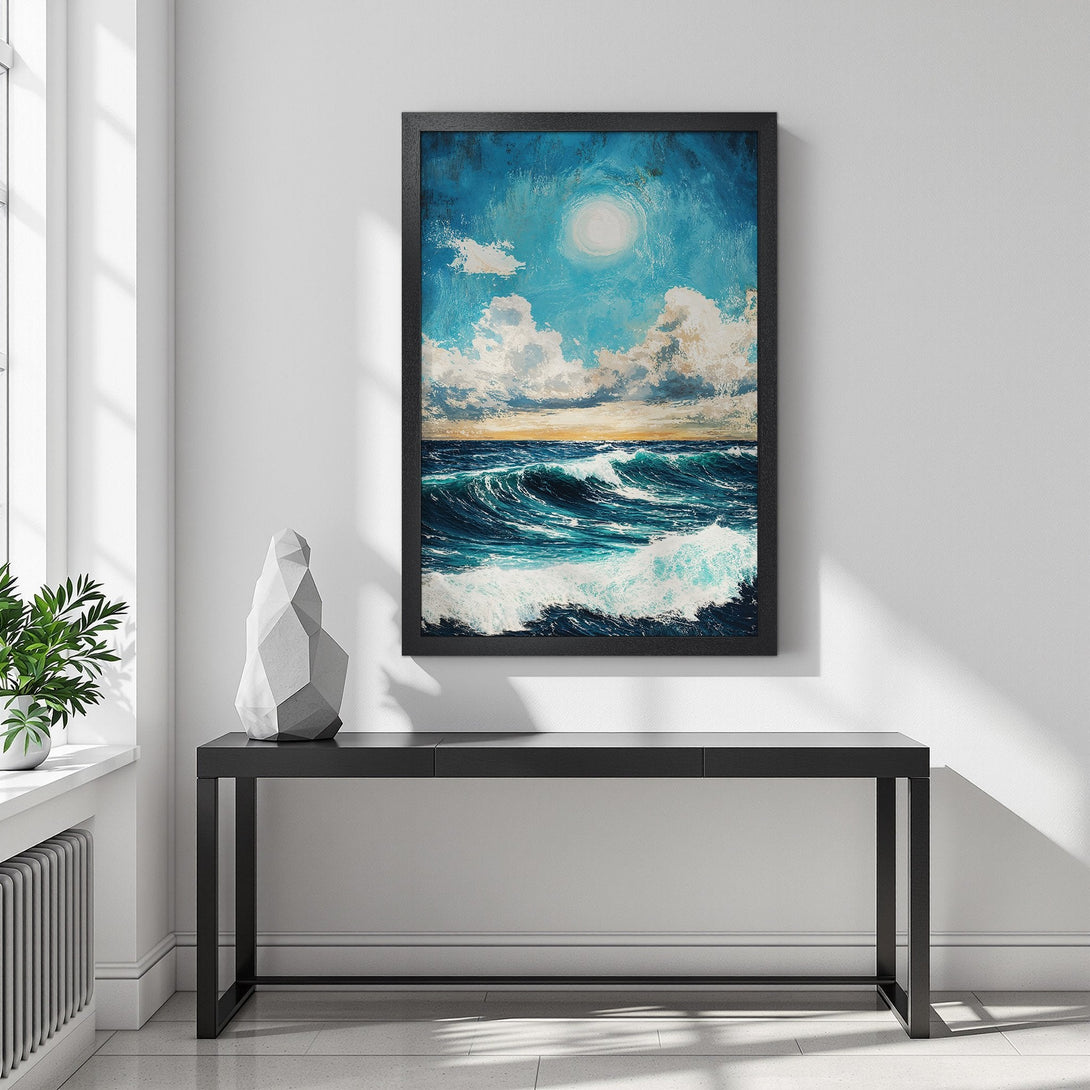 Framed Poster featuring an ocean landscape painting in blue, white, and gold. Add coastal vibes to your home with this beautiful artwork.