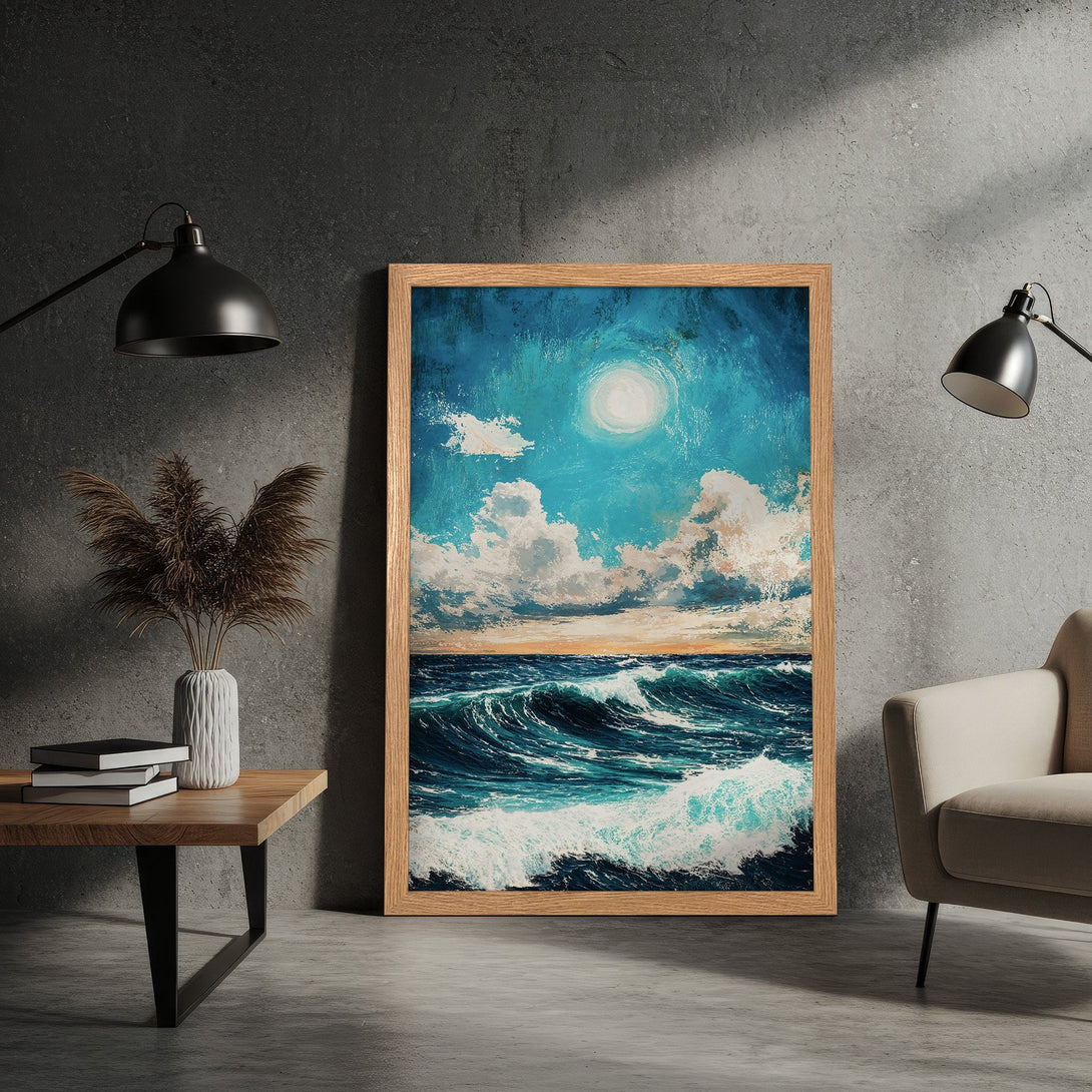 Framed Poster of a seascape painting with blue, teal, and white hues. Abstract art style, perfect for home decor.