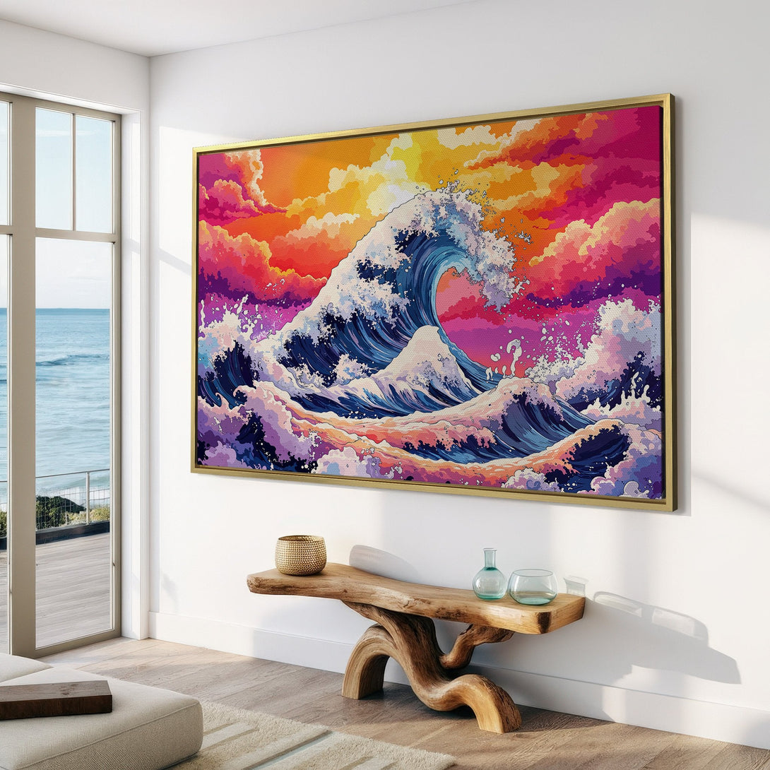 Canvas Print of a vibrant wave art piece in a modern interior. Features a colorful palette of blues, pinks, and oranges, perfect for home decor.