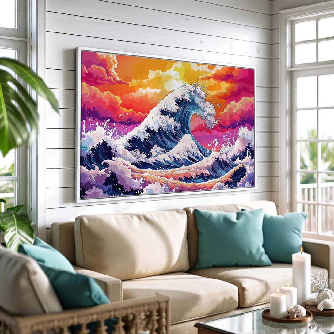 Framed Wall Art: Vibrant wave art canvas print in a modern living room. Features a colorful sunset sky and ocean in blues, oranges, and purples.