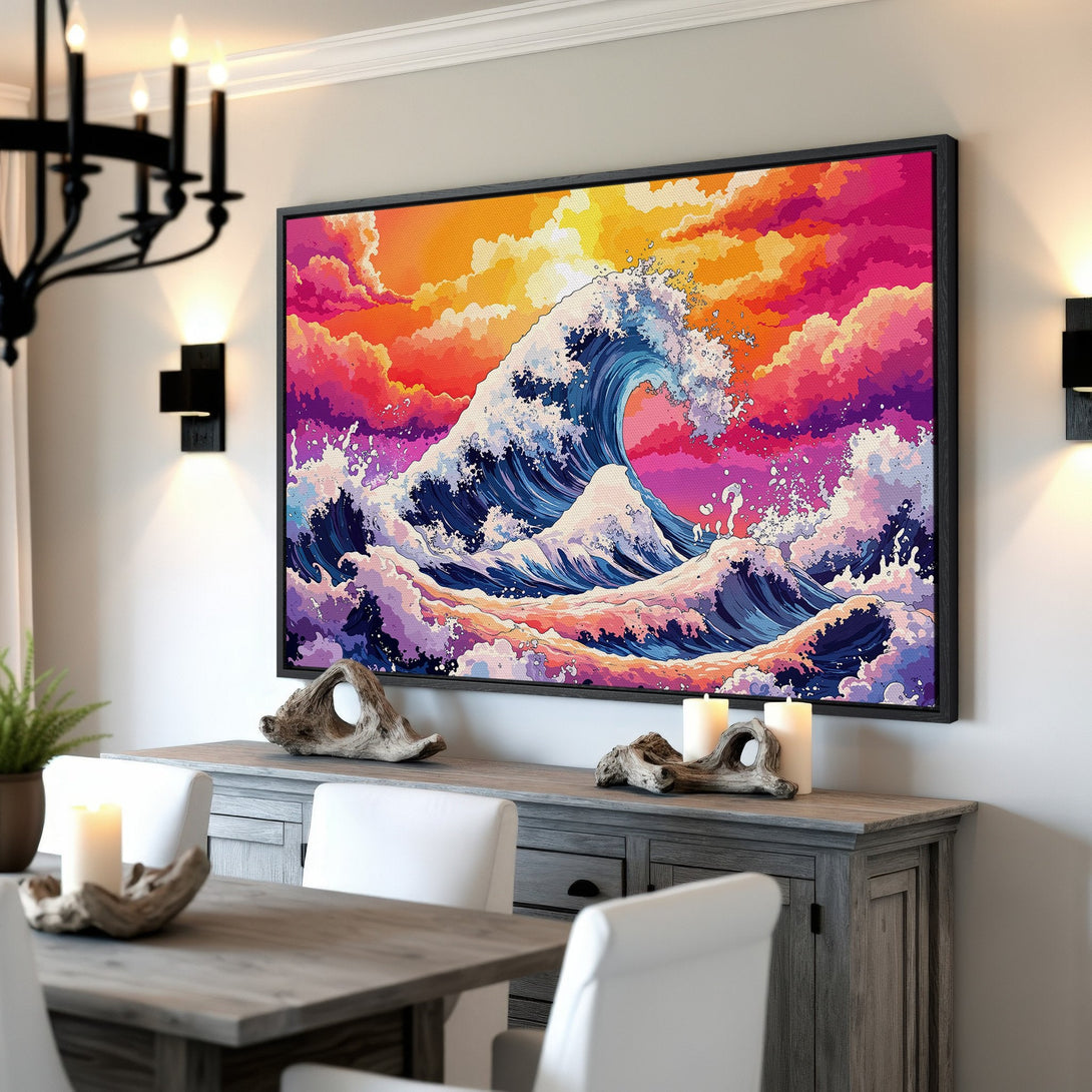 Framed Wall Art: Vibrant wave art print in a colorful, stylized design. Adds a pop of color to any room with its bold orange, pink, and blue palette.