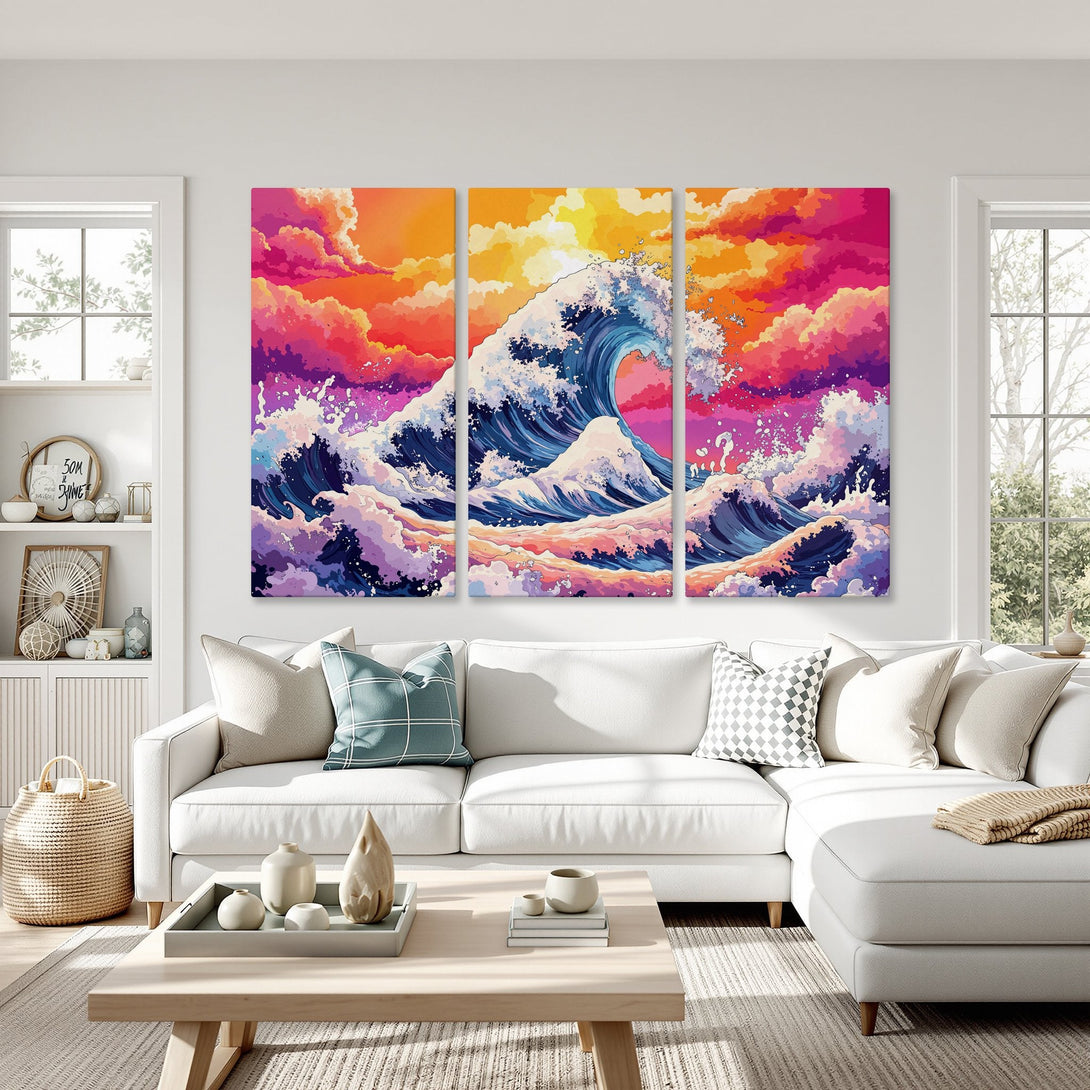 Vibrant Canvas Print of a stylized ocean wave art piece in a living room. Features a bold, colorful palette of blues, pinks, and oranges.
