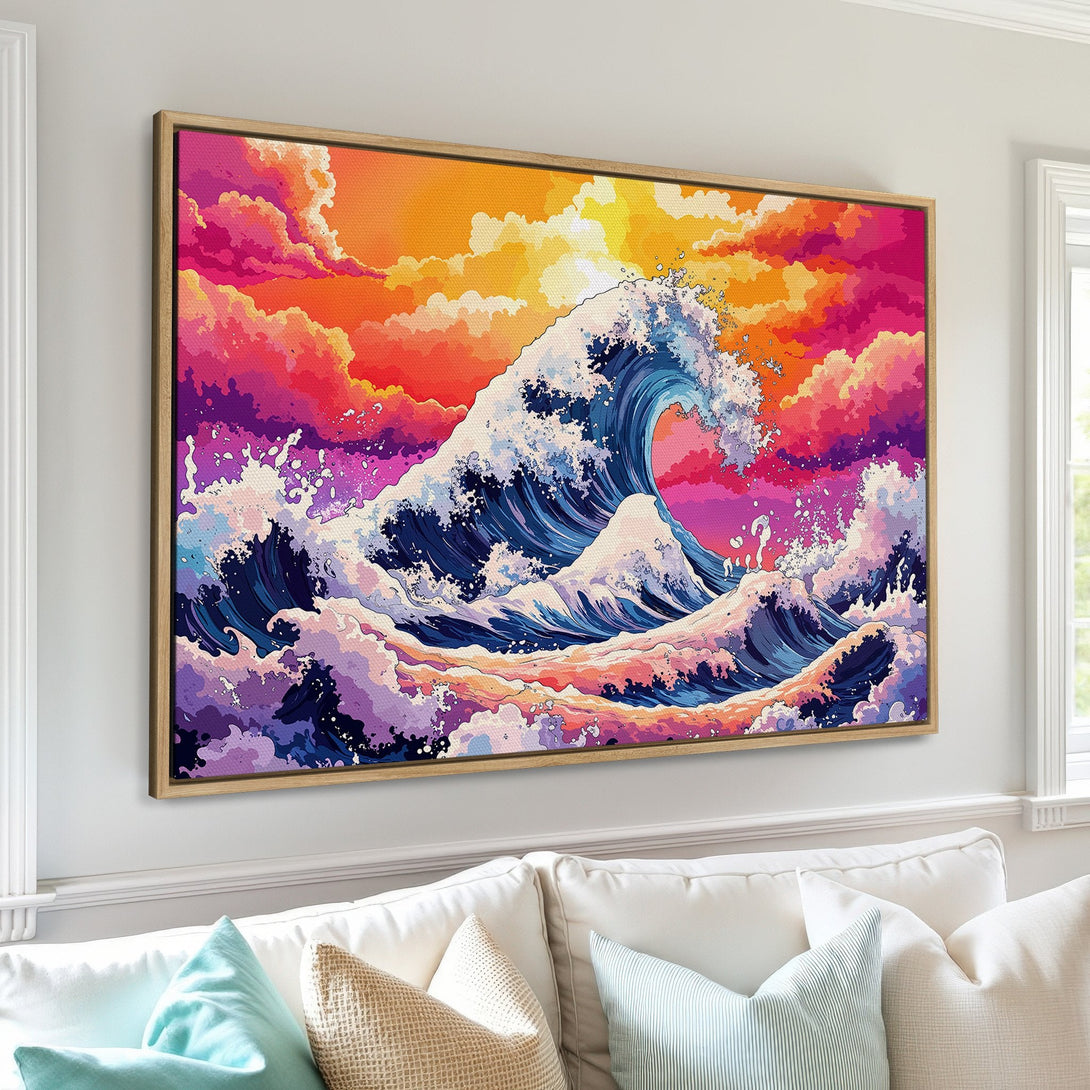 Framed Wall Art: Vibrant wave art in a colorful, stylized design. Featuring a sunset palette of orange, pink, and purple. Perfect for coastal decor!