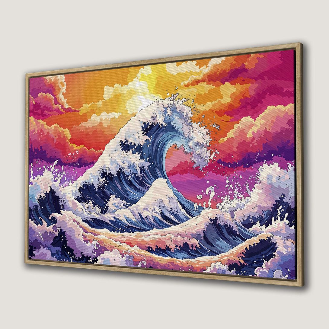 Framed Wall Art: Vibrant wave art Canvas Print in a colorful palette of blues, pinks, and oranges. Perfect coastal decor for your home.